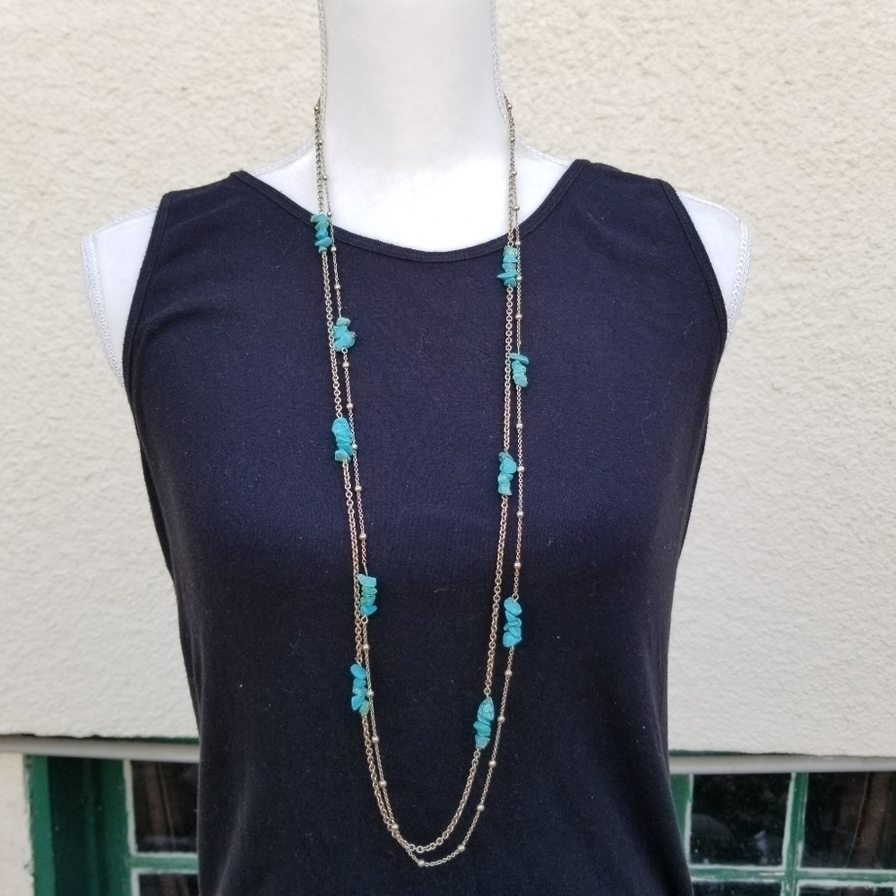 layered gold tone chain necklace with faux turquoise chips